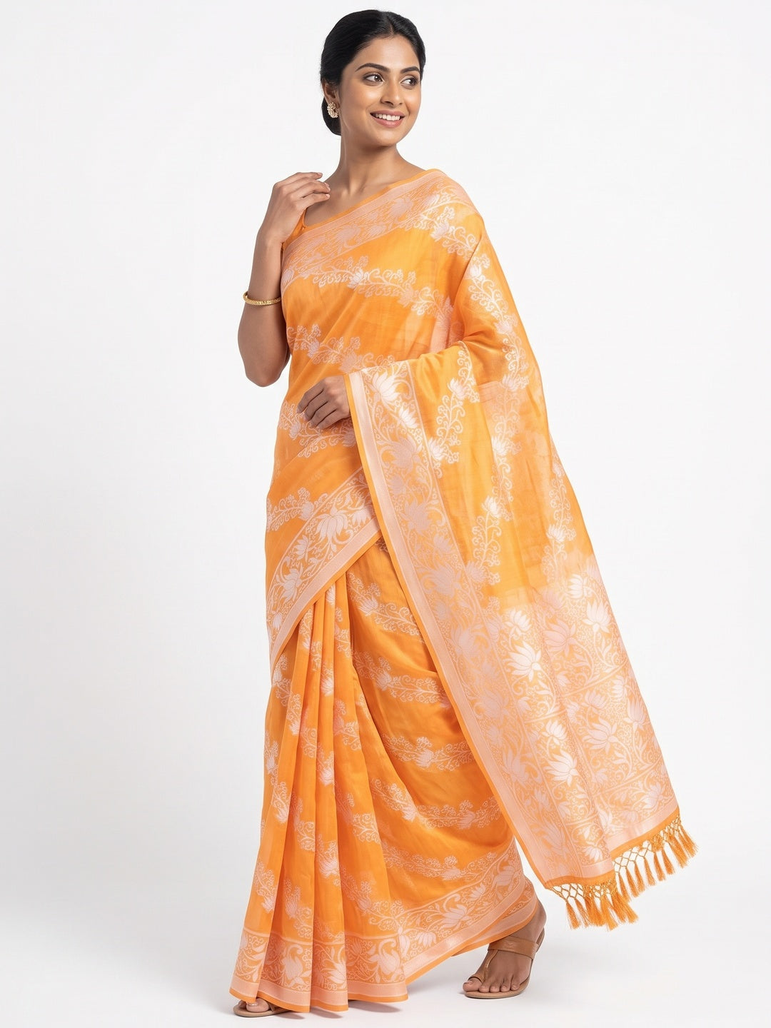 Orange Floral Woven Banarasi Silk Saree With Tassels - Image 4