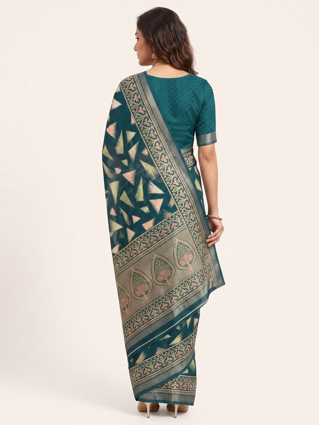 Teal Saree in Brasso with Contemporary Geometric Print - Image 2
