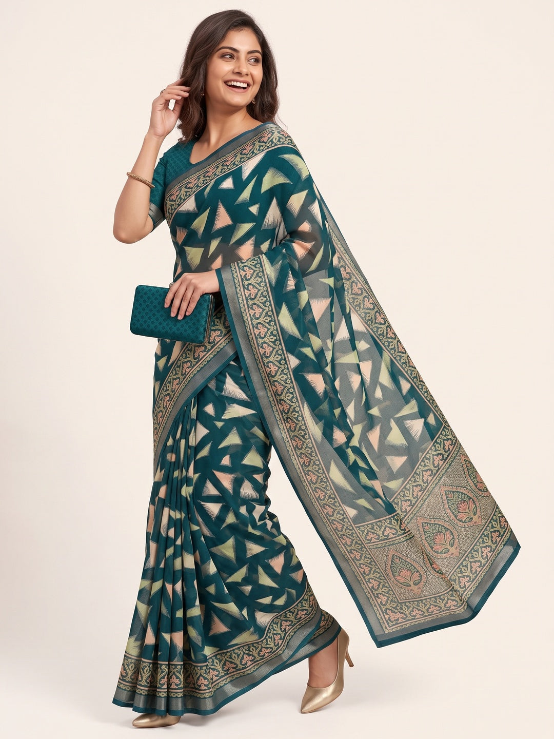 Teal Saree in Brasso with Contemporary Geometric Print - Image 4