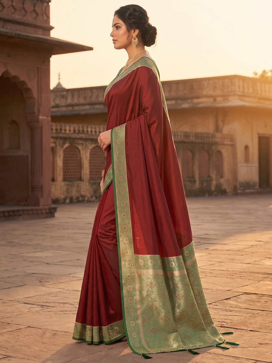 Ethnic Maroon Pure Silk Saree with Intricate Border Weaving and Stitched Blouse for Festive Occasions - Image 5