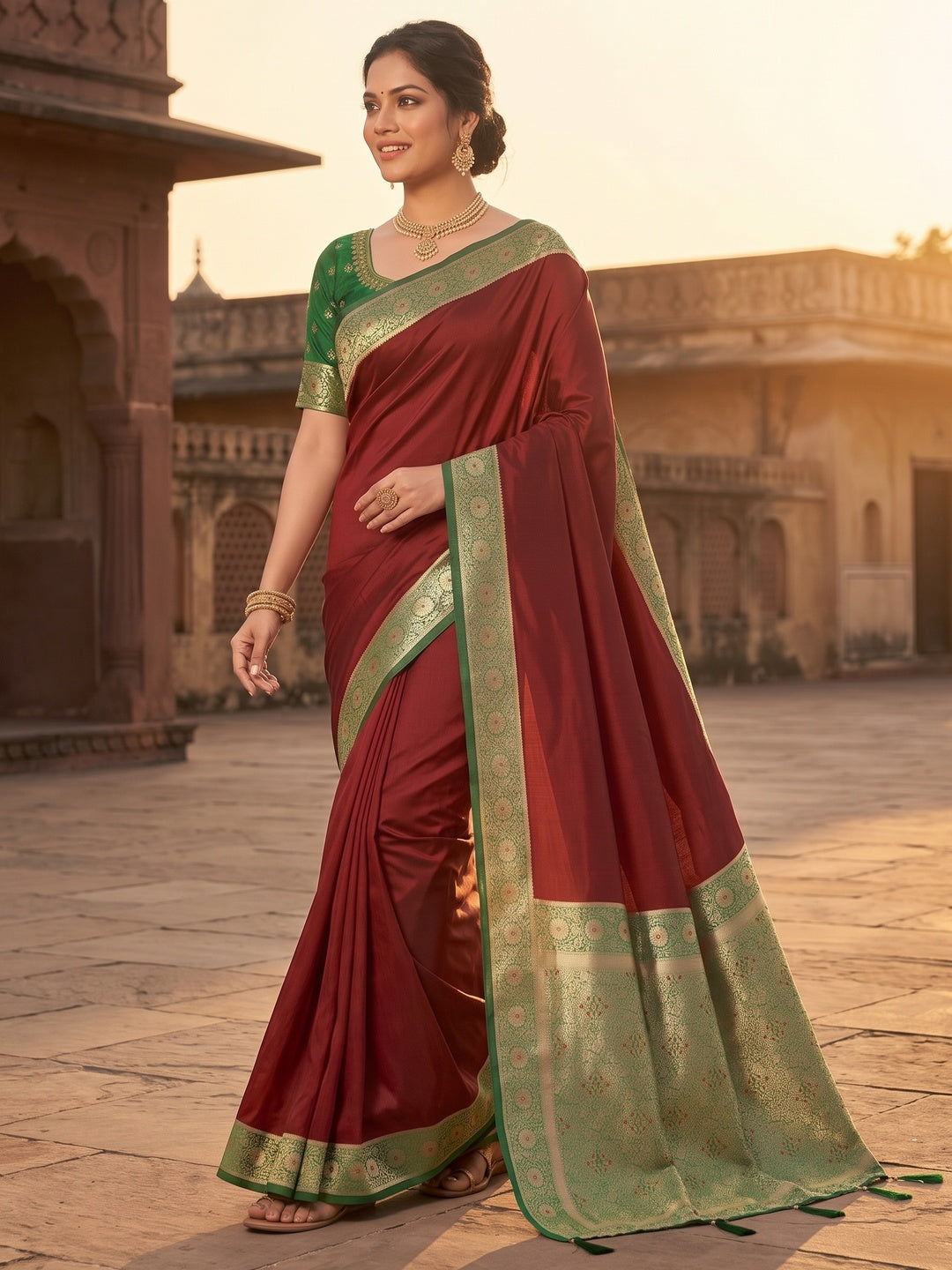 Ethnic Maroon Pure Silk Saree with Intricate Border Weaving and Stitched Blouse for Festive Occasions - Image 6