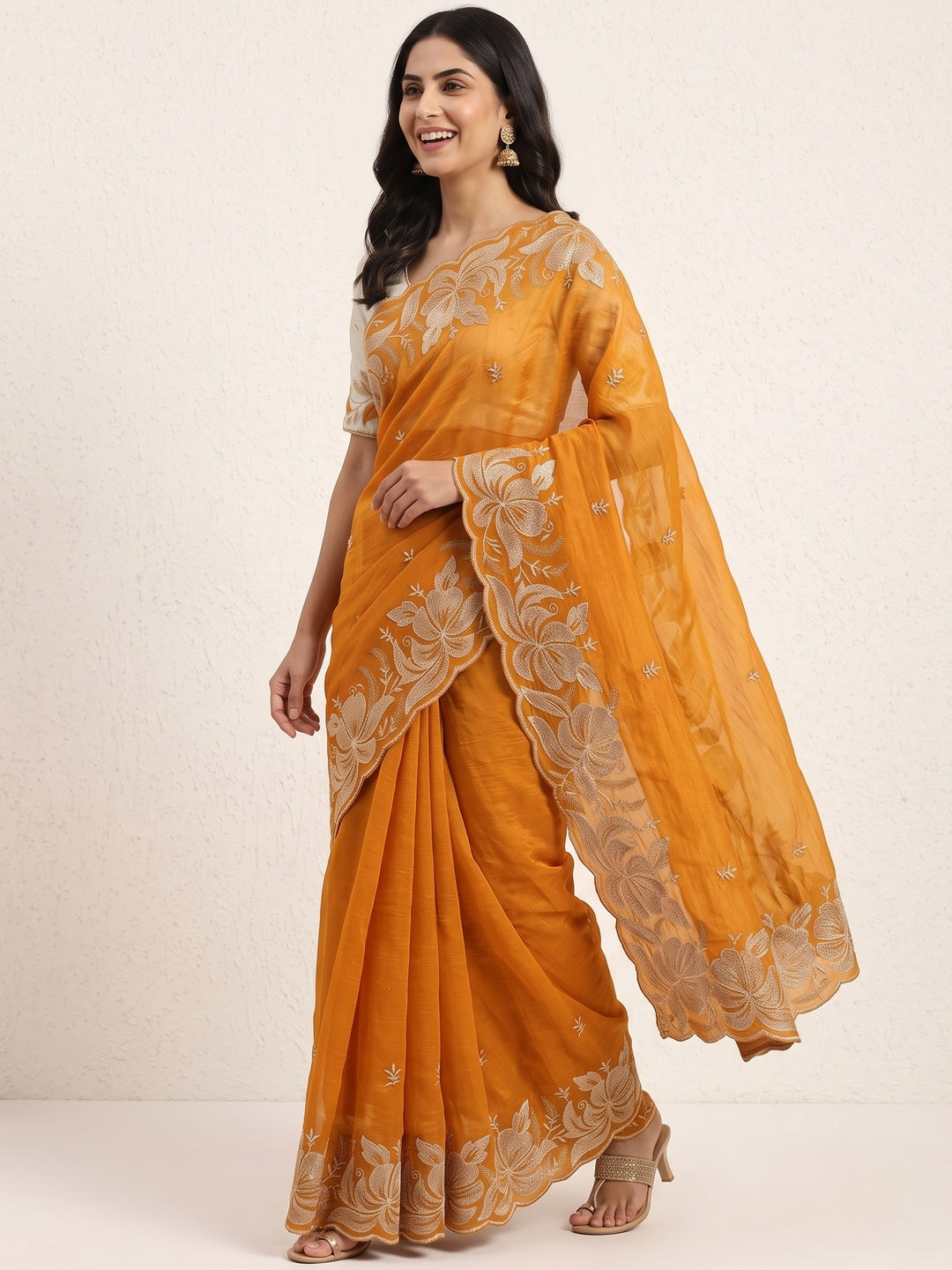 Mustard Golden Thread Embroidered Chiffon Saree for Elegant Evening & Celebration Styling - Image 4