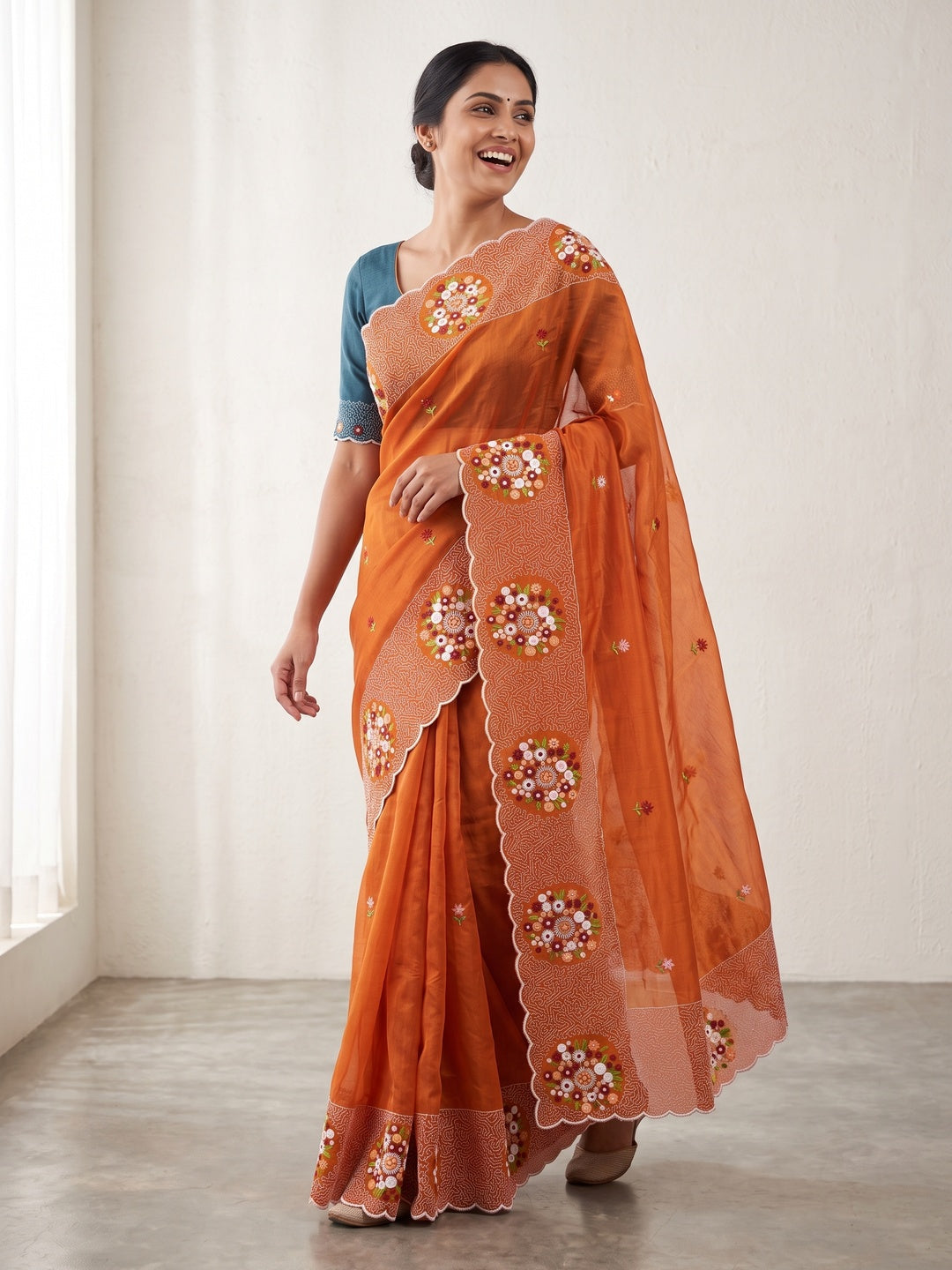 Orange Cotton Silk Saree with Beautiful Floral Embroidery for Parties & Celebrations - Image 4