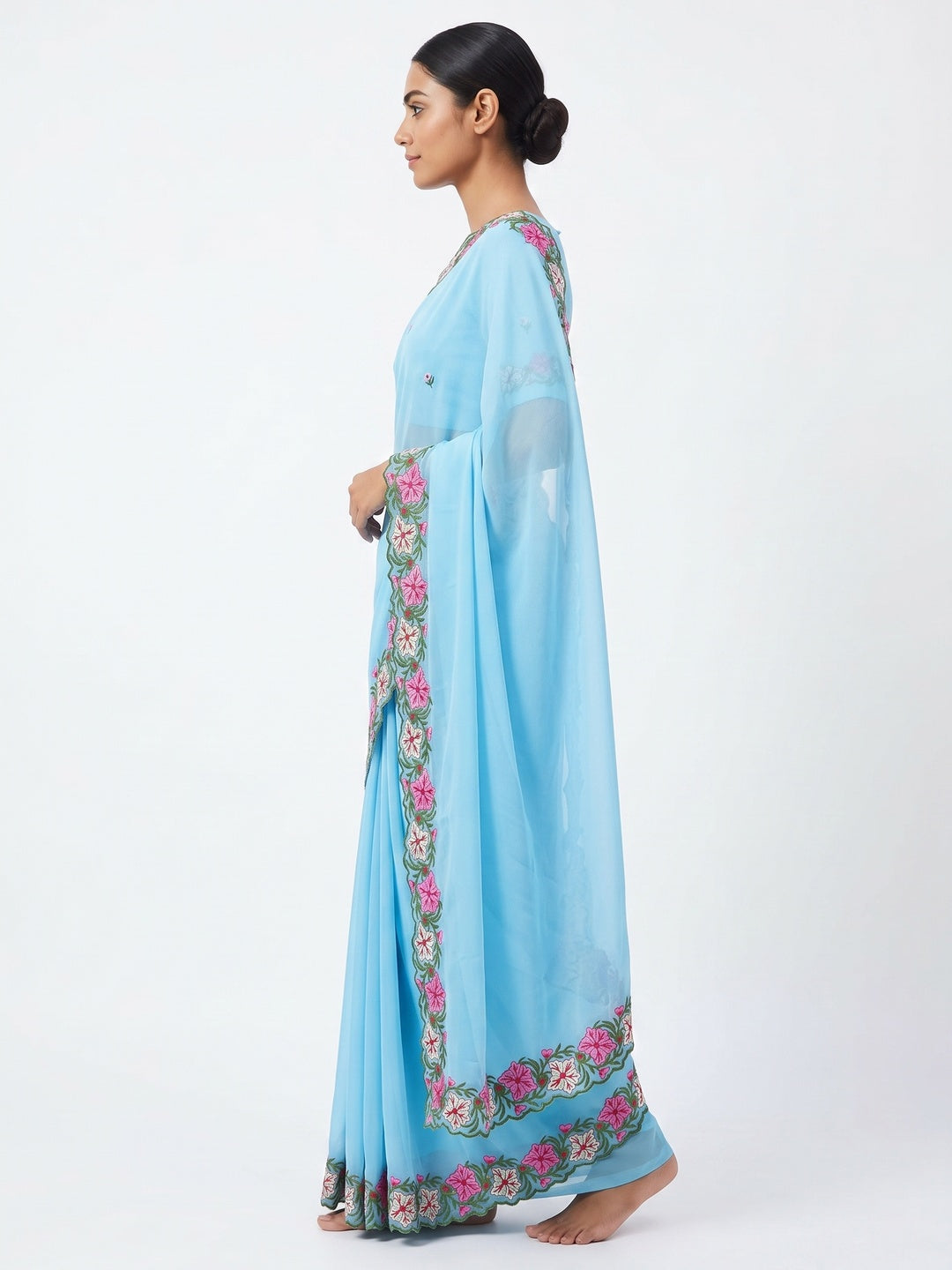 Blue Faux Georgette Saree Featuring Minimalist Floral Border Embroidery - Image 3