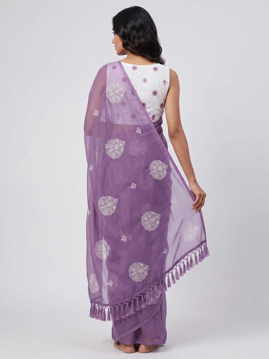 Purple Embroidered Chiffon Saree With Elegant Tassel Borders - Image 2
