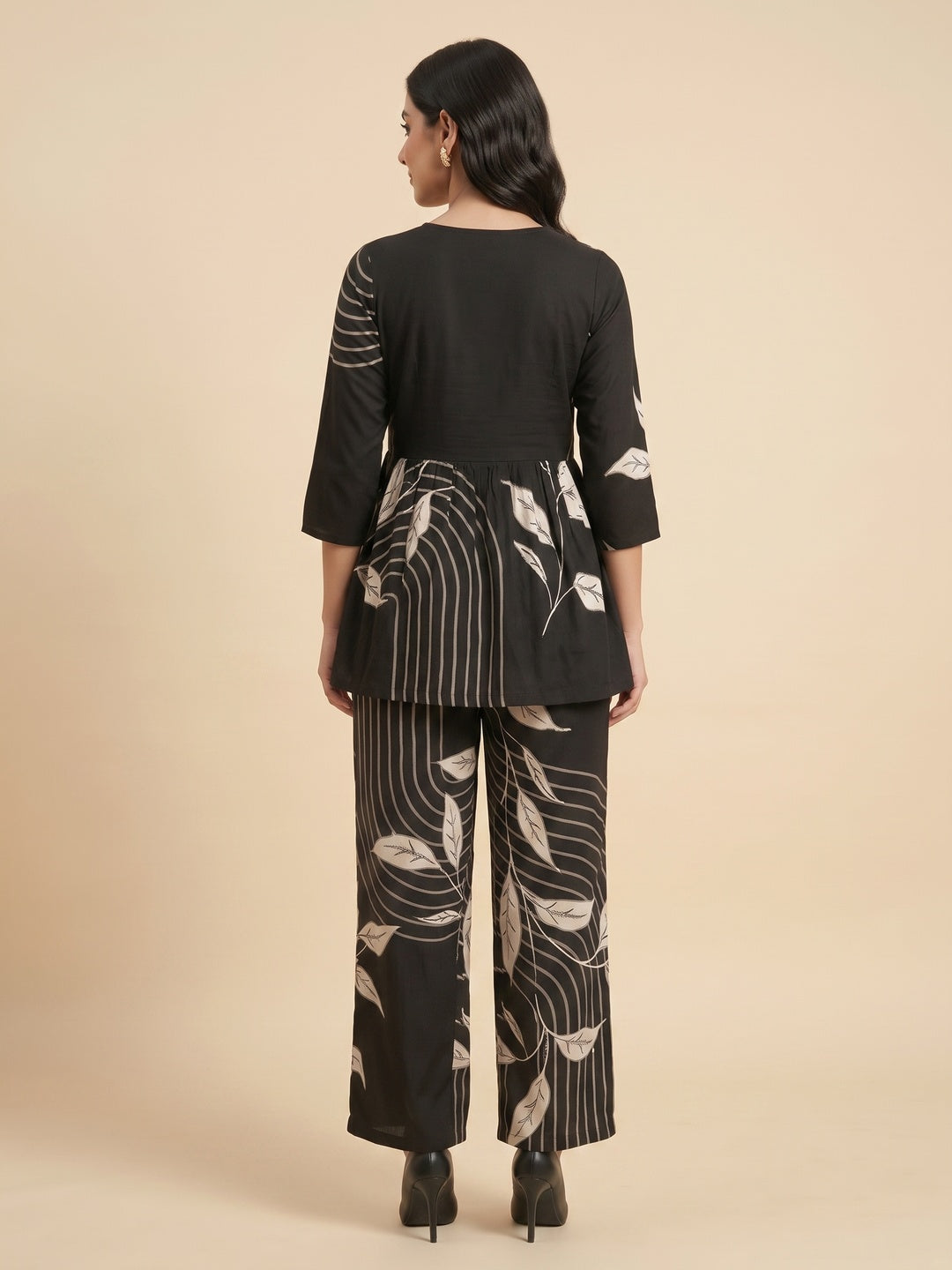 Black Floral Print Rayon A-Line Top and Pant Set with Modern Ethnic Look - Image 2
