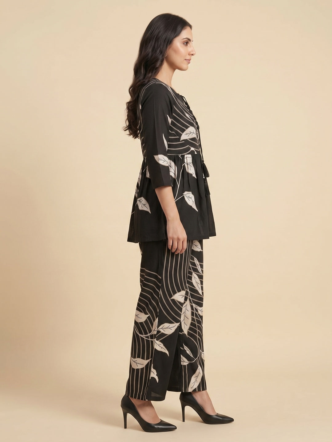 Black Floral Print Rayon A-Line Top and Pant Set with Modern Ethnic Look - Image 3