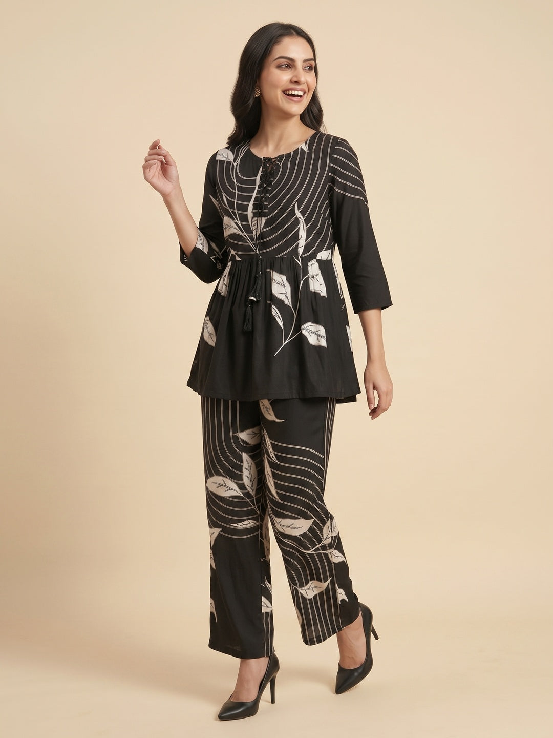 Black Floral Print Rayon A-Line Top and Pant Set with Modern Ethnic Look - Image 4