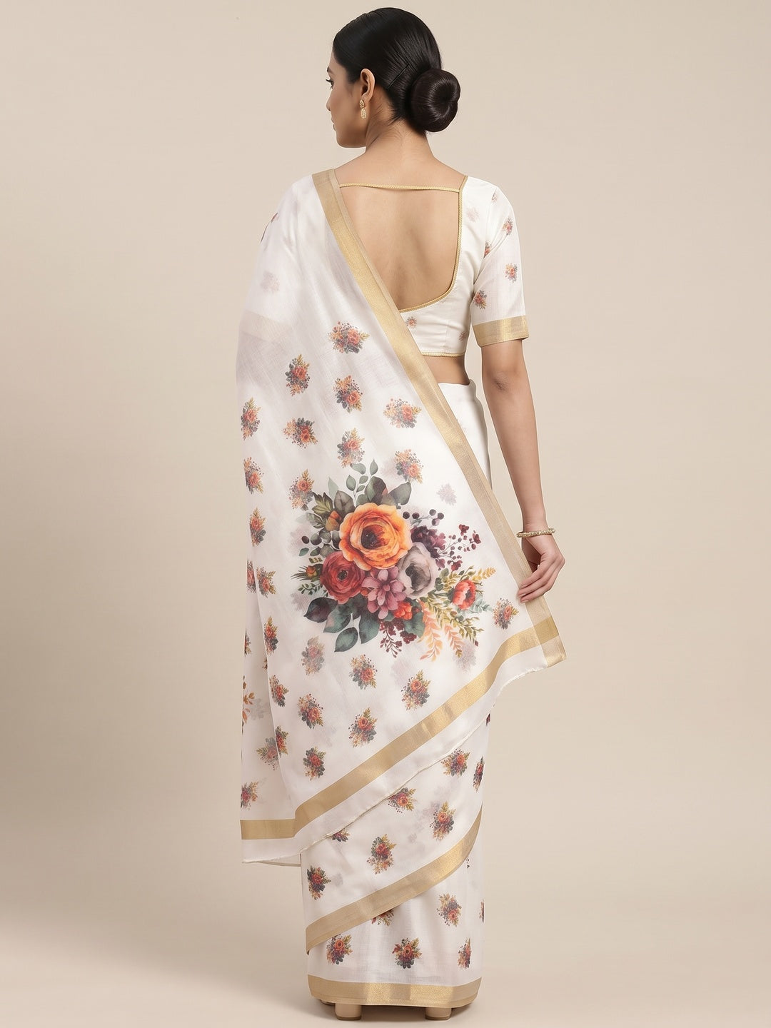 Elegant White Chanderi Saree with Floral Prints - Image 2