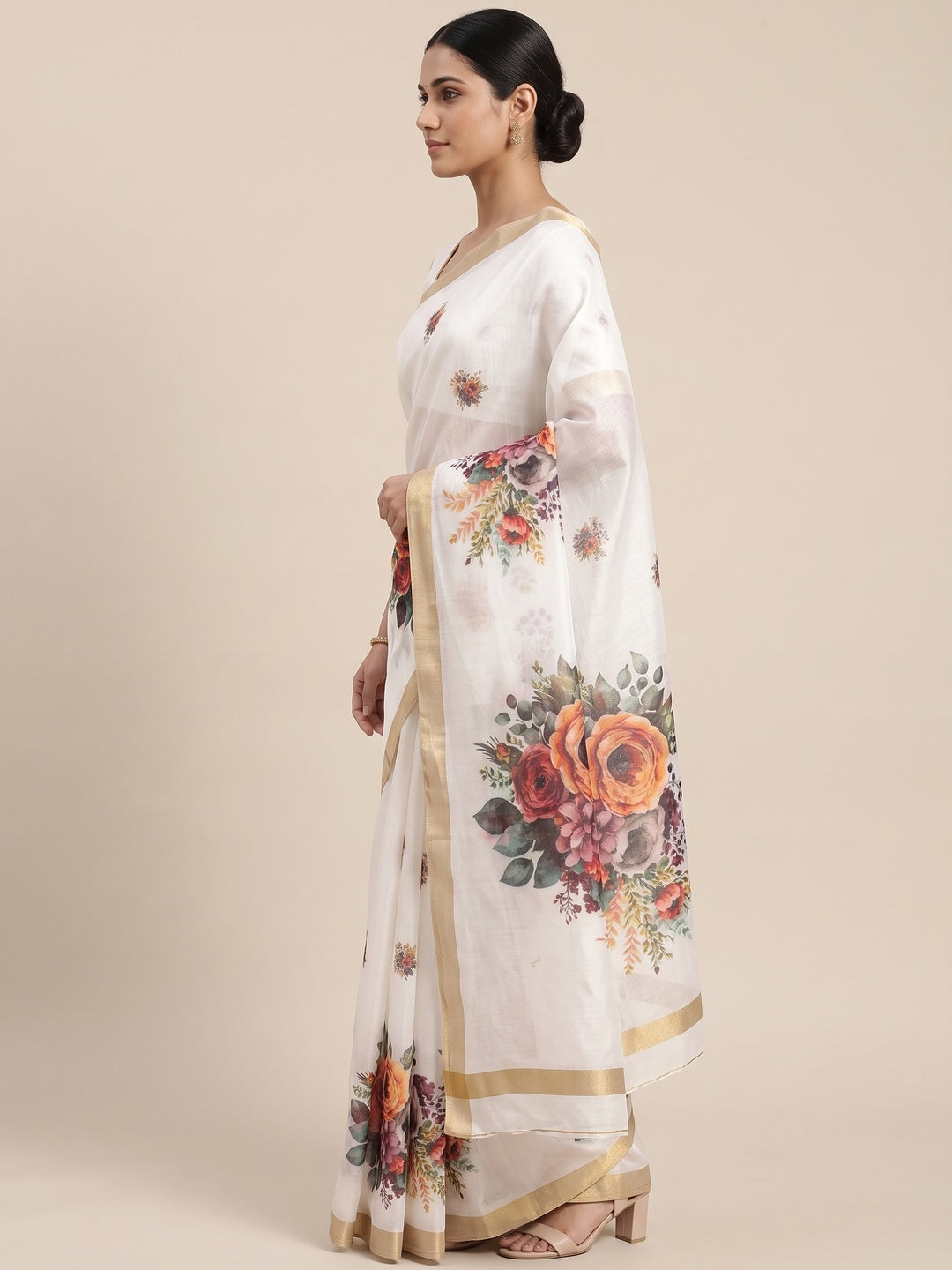 Elegant White Chanderi Saree with Floral Prints - Image 3
