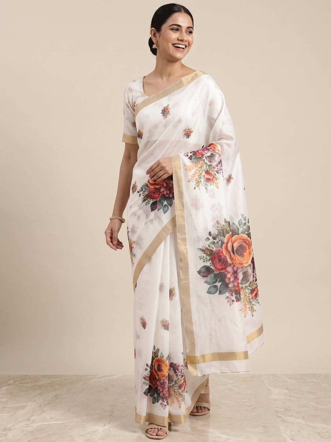 Elegant White Chanderi Saree with Floral Prints - Image 4