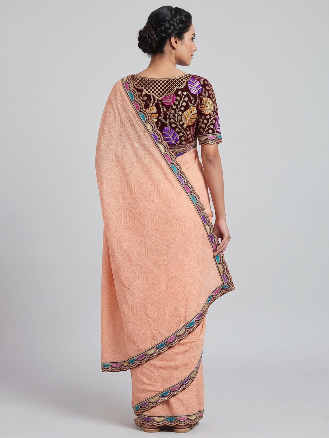Light Peach Floral Printed Georgette Saree - Image 2