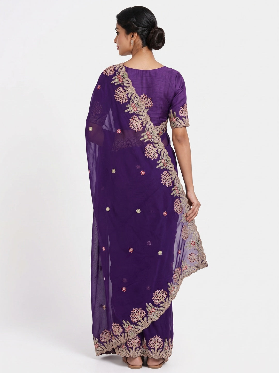 Violet Floral Embroidered Crepe Saree with Subtle Sequin Detailing - Image 2