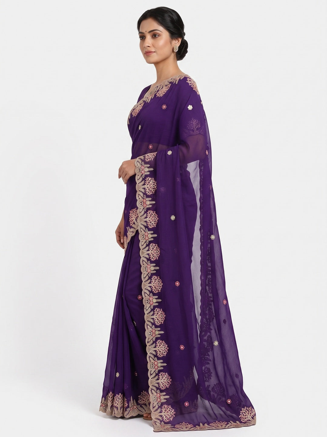 Violet Floral Embroidered Crepe Saree with Subtle Sequin Detailing - Image 3