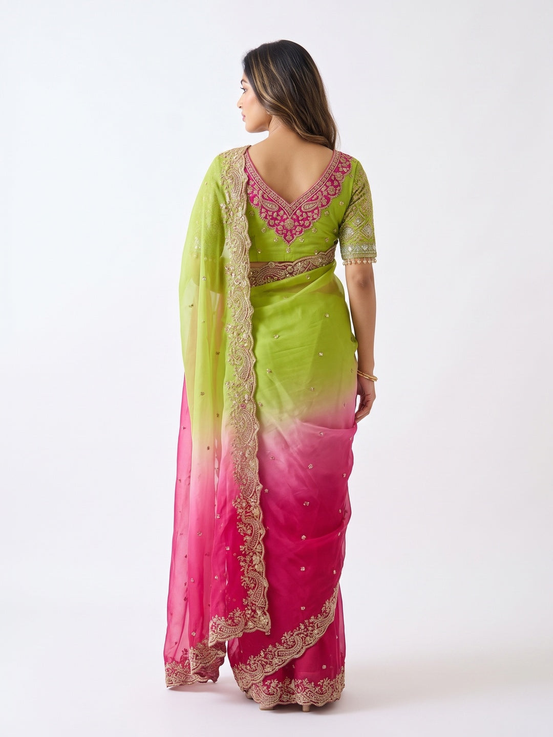 Elegant Green & Pink Organza Satin Silk Embroidered Saree for Festive Occasions - Image 5