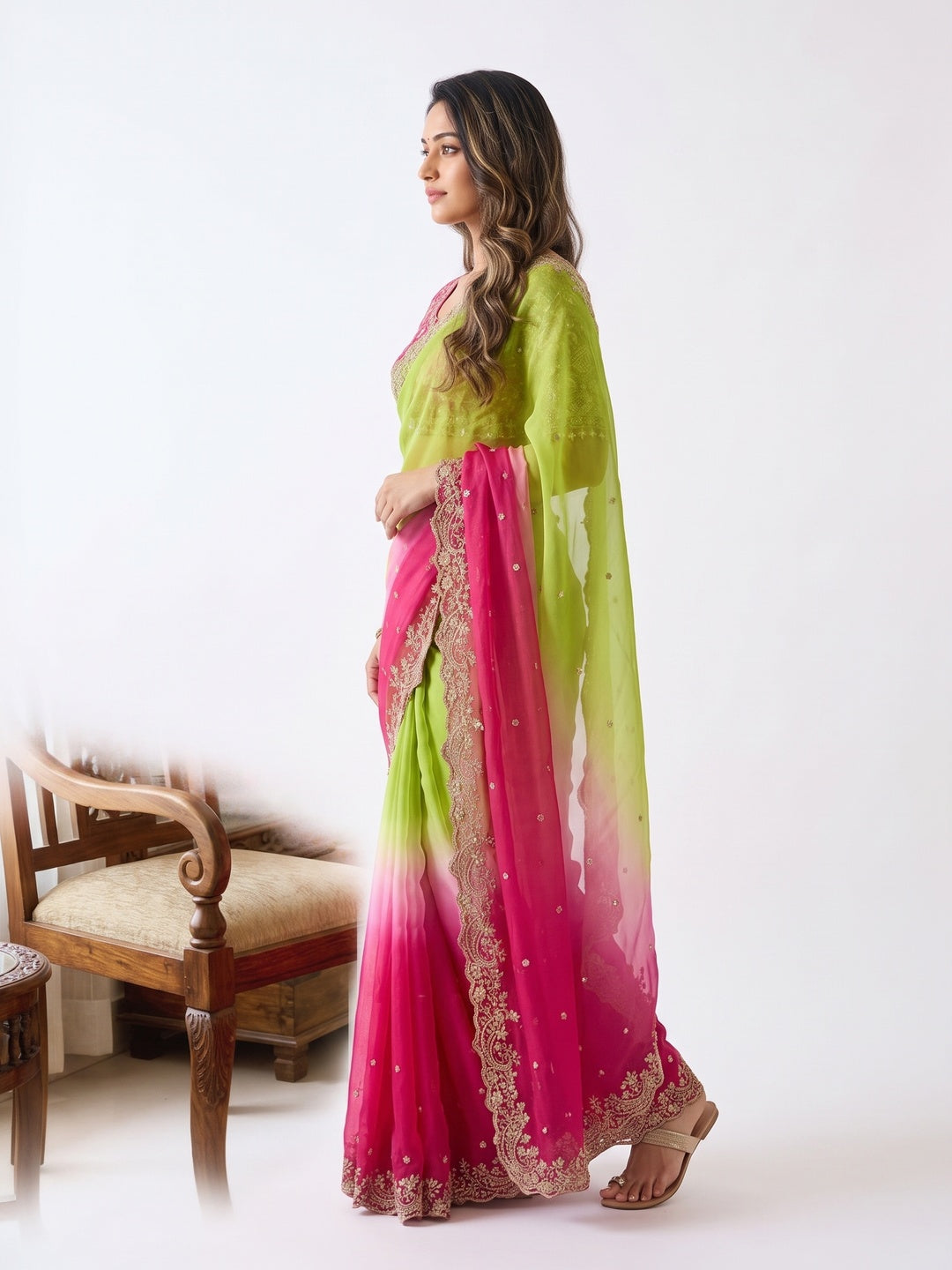 Elegant Green & Pink Organza Satin Silk Embroidered Saree for Festive Occasions - Image 6