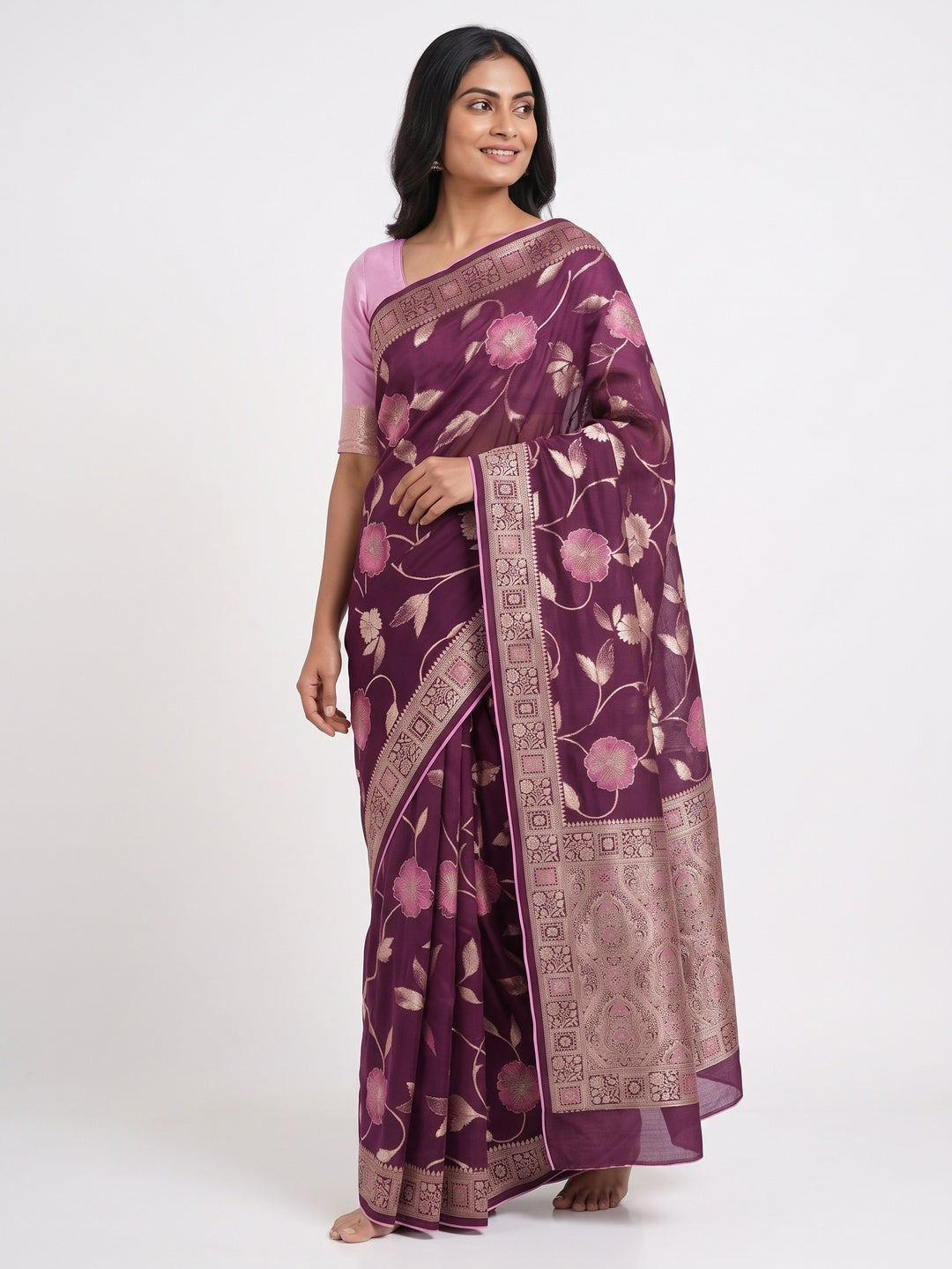 Purple Graceful Soft Muslin Saree Highlighted with Premium Meenakari Zari Work - Image 4
