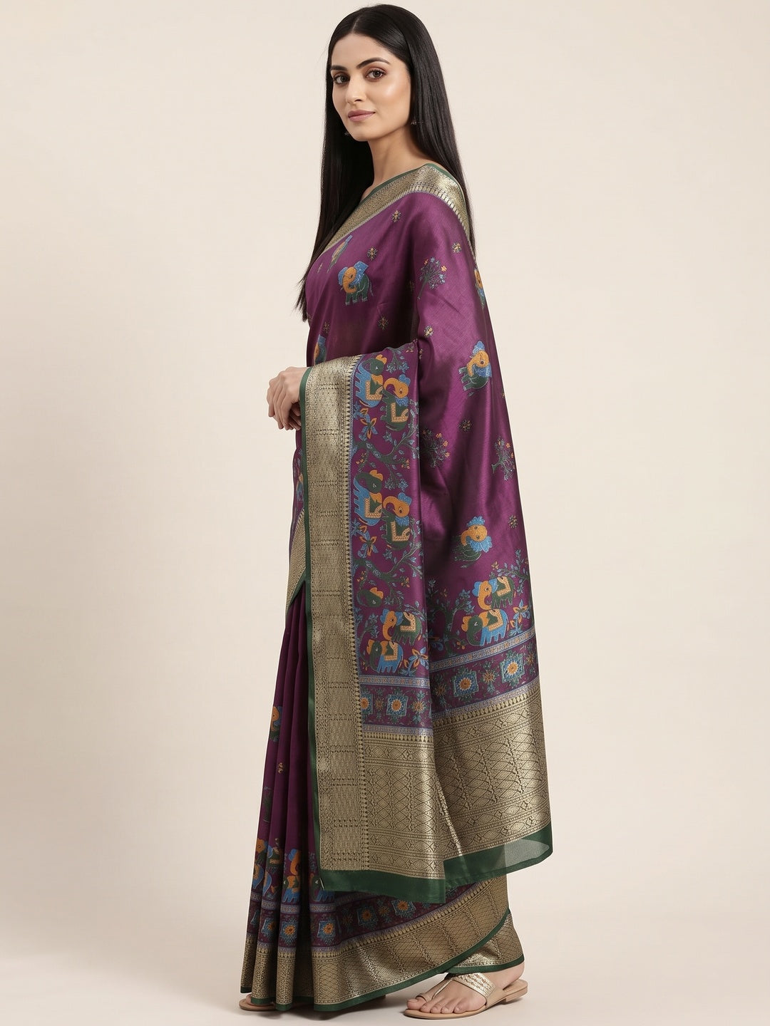 Majestic Wine Elephant & Floral Printed Dola Silk Saree Featuring Intricate Weaving Border - Image 3