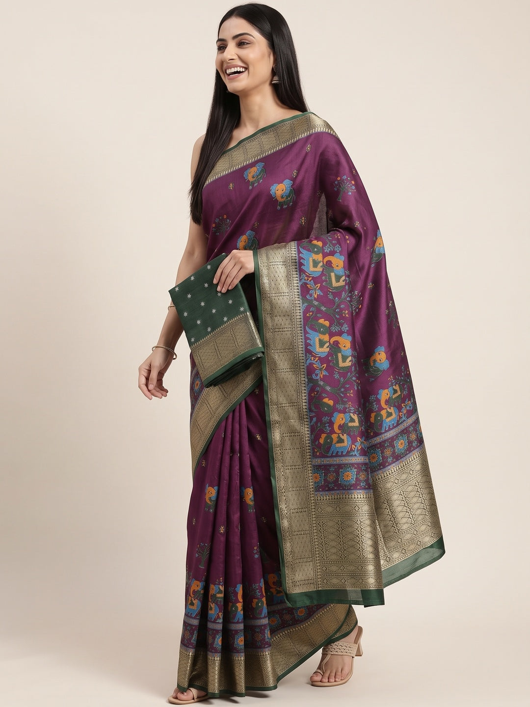 Majestic Wine Elephant & Floral Printed Dola Silk Saree Featuring Intricate Weaving Border - Image 4
