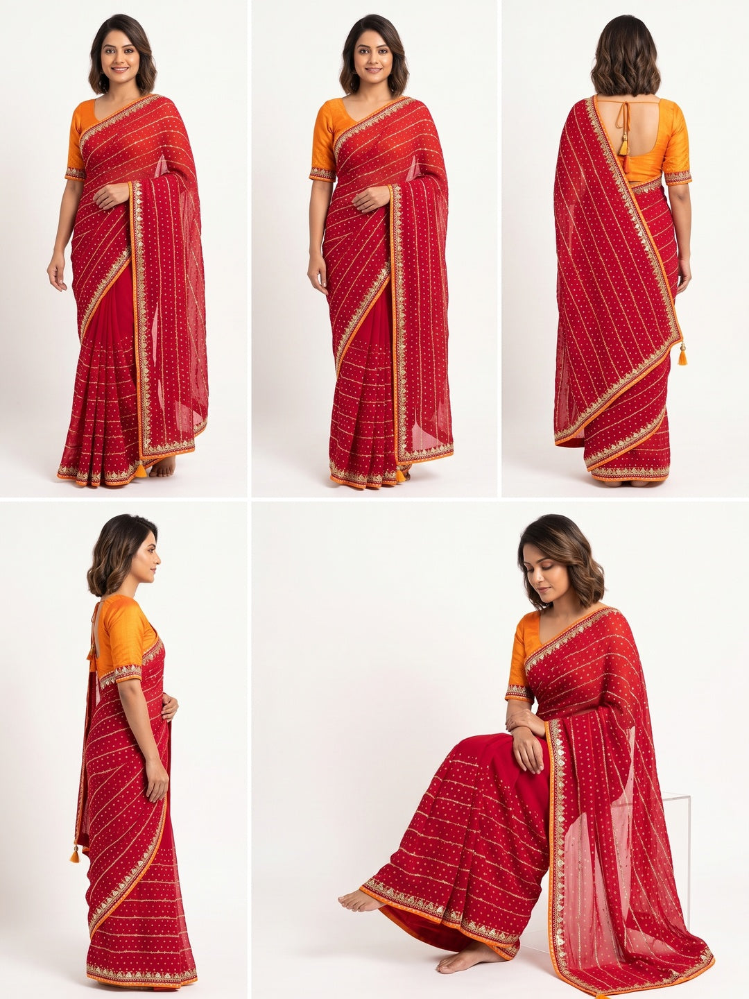 Charming Red Bandhani Printed Georgette Saree With Glittering Sequins & Zari Border - Image 1