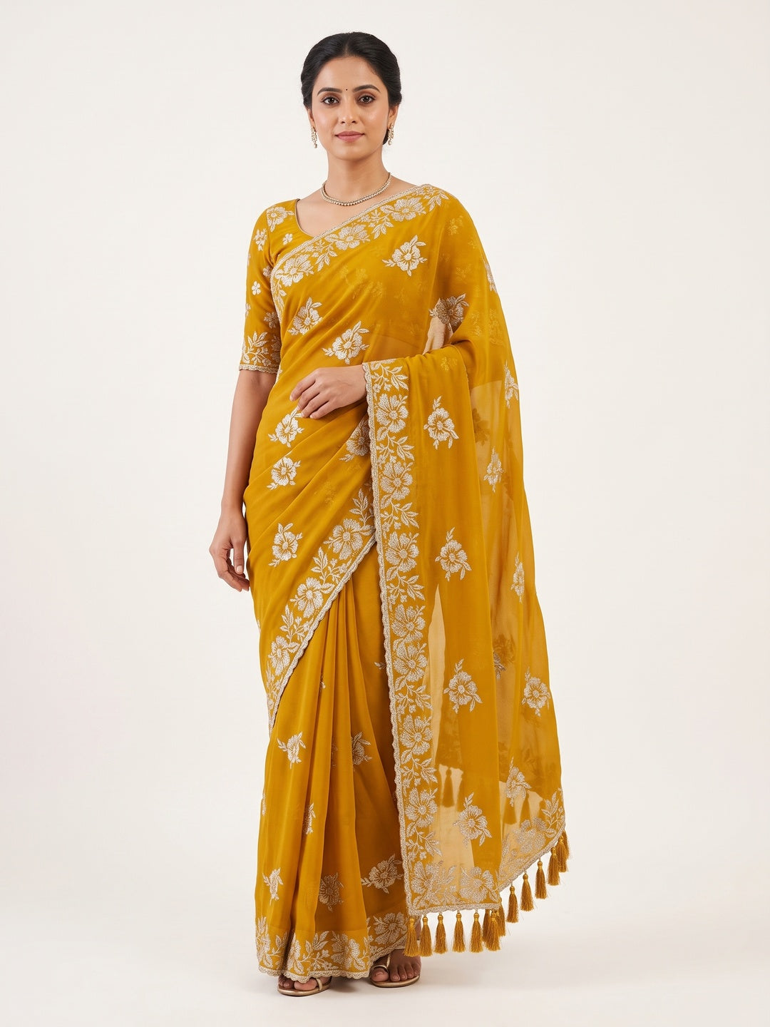 Stunning Mustard Georgette Saree with Floral Zari Embroidery & Ornate Cutwork Border - Image 1
