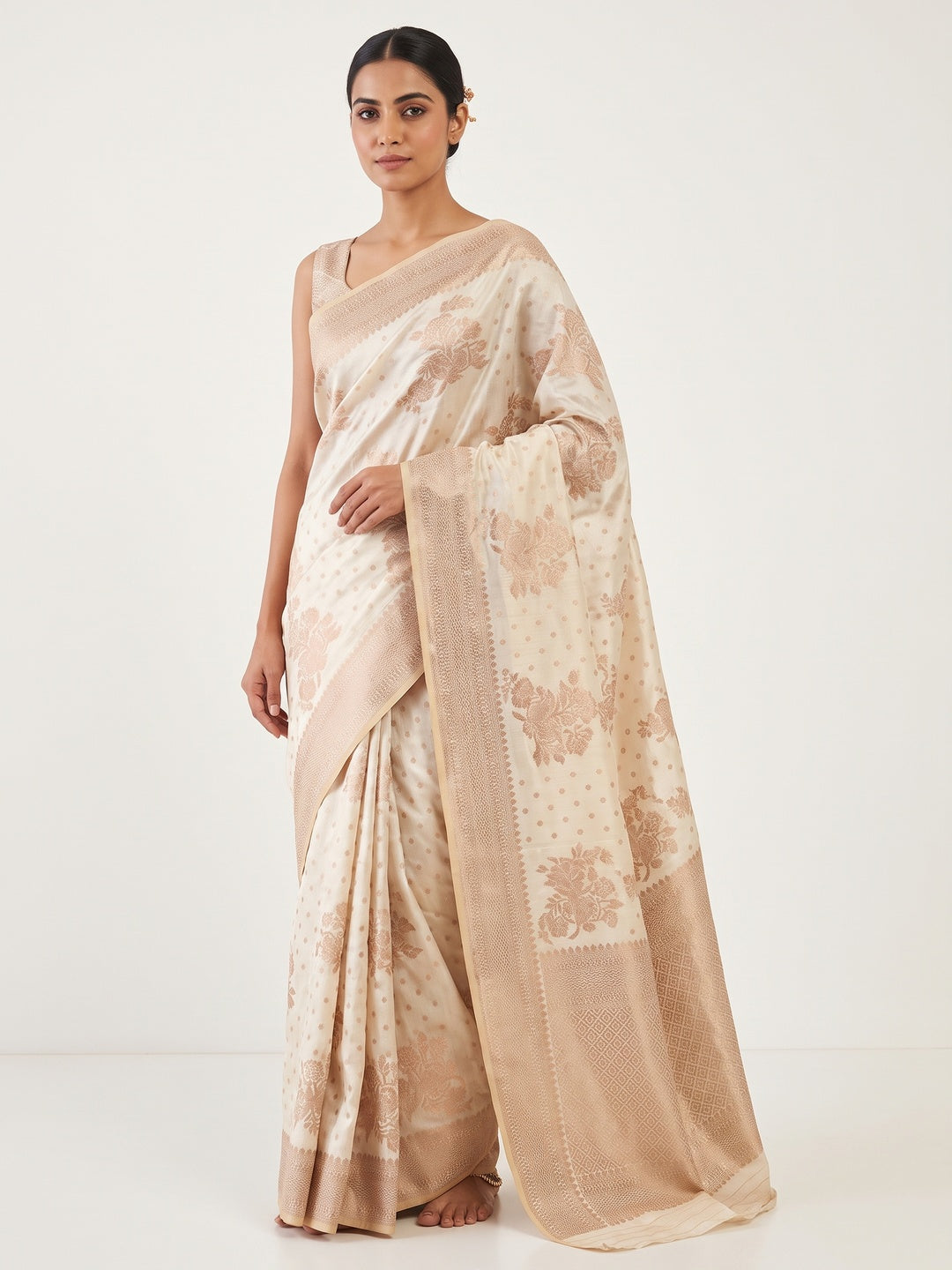 Off White Off White Floral Woven Raw Silk Saree - Image 1