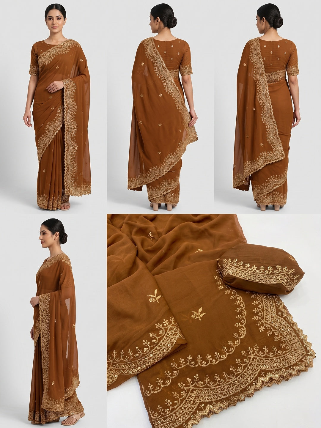Brown Embroidered Star Georgette Saree Designed for Stylish Party Wear - Image 1