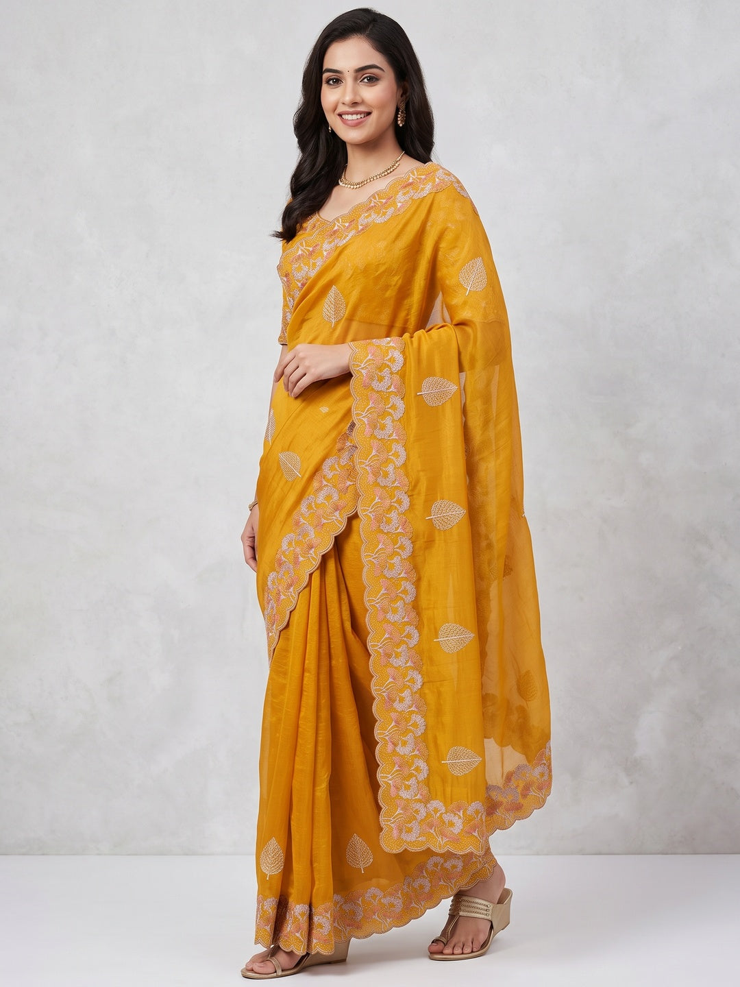 Mustard Embroidered Thread Work Saree in Flowy Chiffon Silk - Image 1