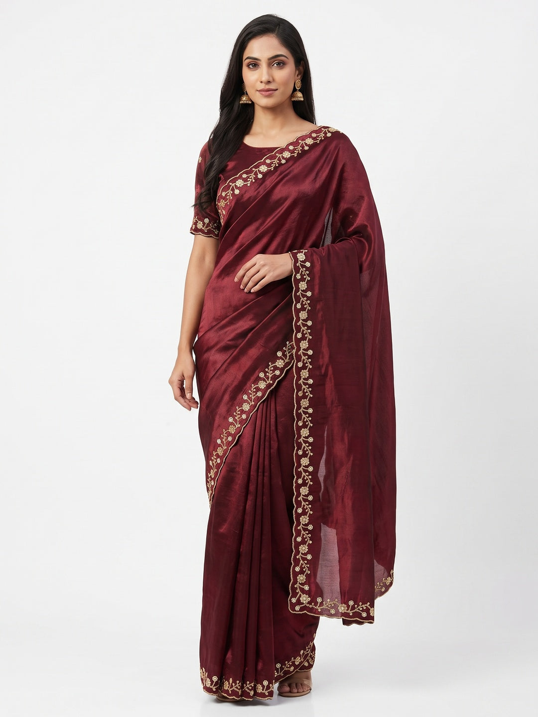 Maroon Satin Saree Embellished With Beads and Sequins Embroidery Work - Image 1