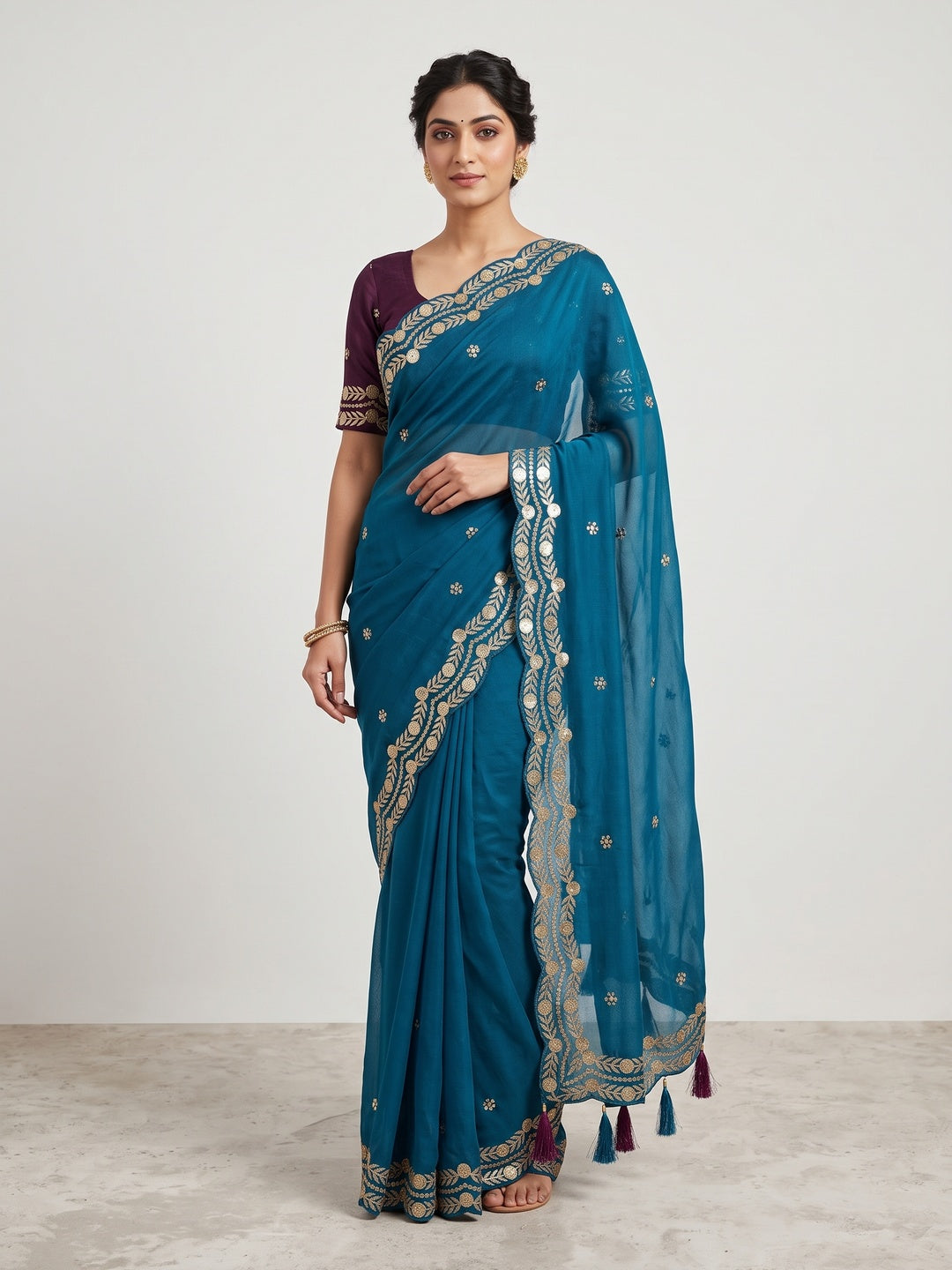 Charming Blue Georgette Saree Enhanced With Intricate Floral Sequins Embroidery - Image 3