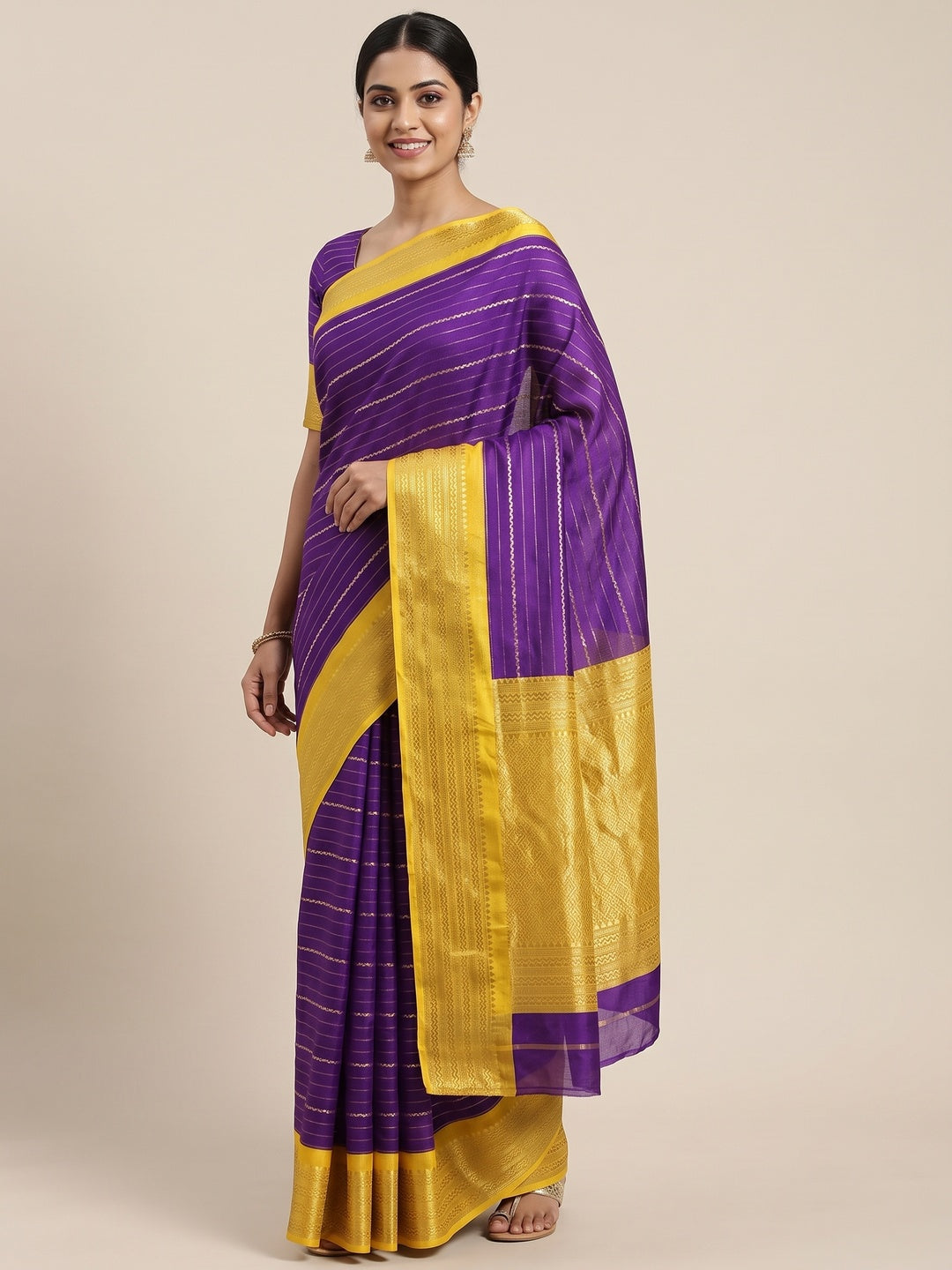 Purple Jacquard Saree With Contemporary Striped Pattern Accented By Rich Zari Weaving - Image 1