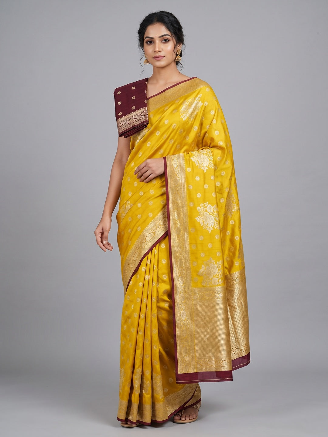 Yellow Dola Silk Woven Saree with Allover Zari Butti Design - Image 1