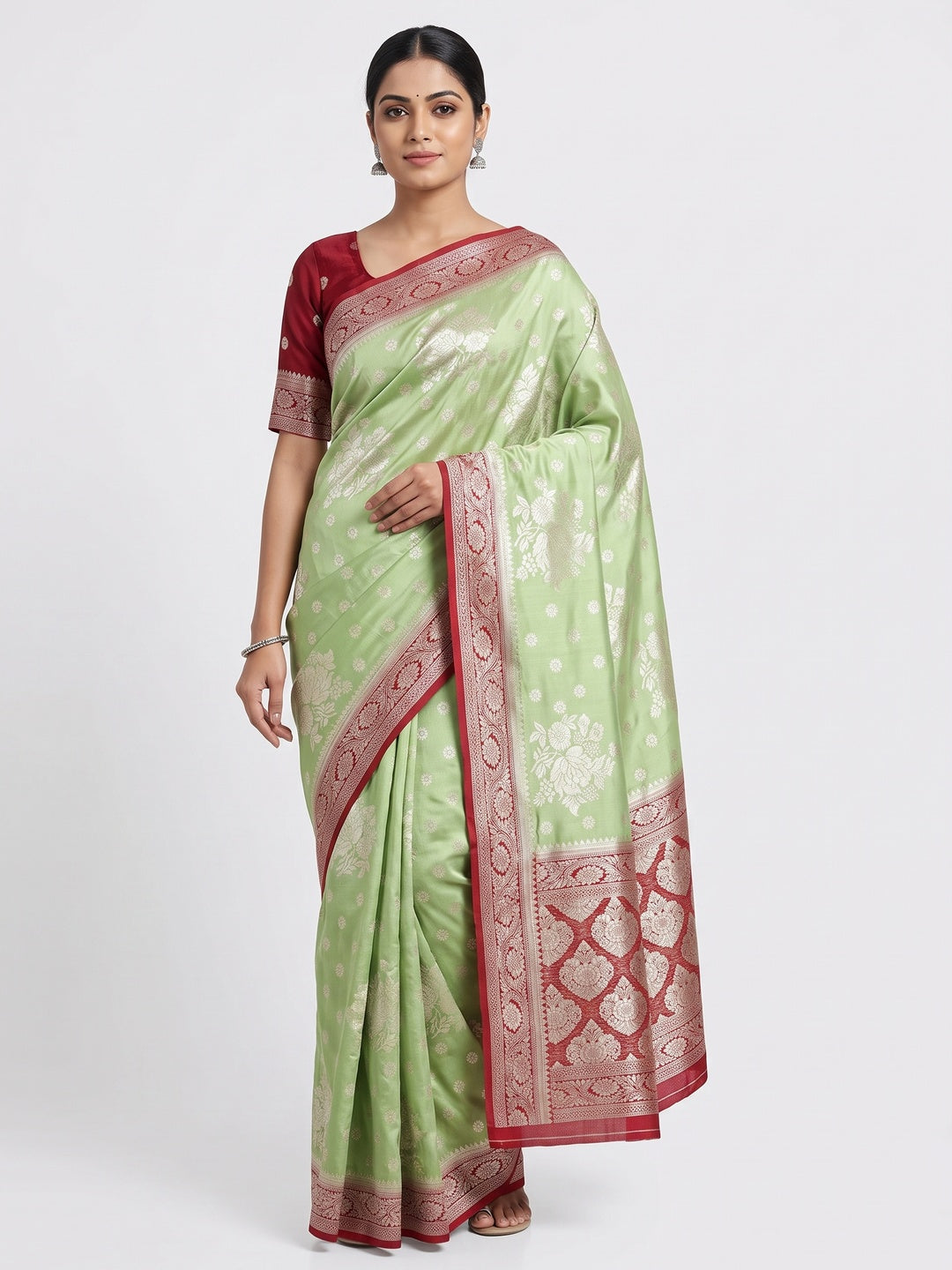 Green Dola Silk Woven Saree with Allover Zari Butti Design - Image 1