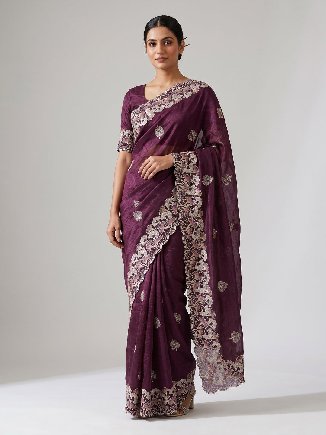 Wine Floral Embroidered Saree in Crunchy Silk Blend - Image 1