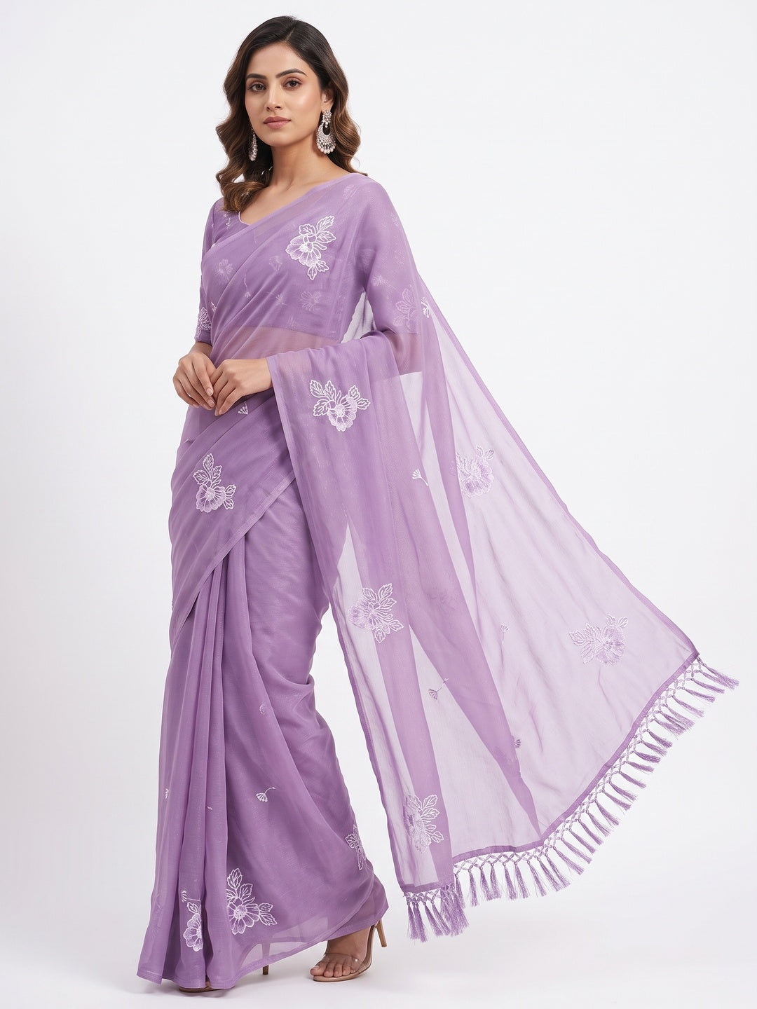 Designer Purple Chiffon Saree with Intricate Floral Embroidery - Image 1