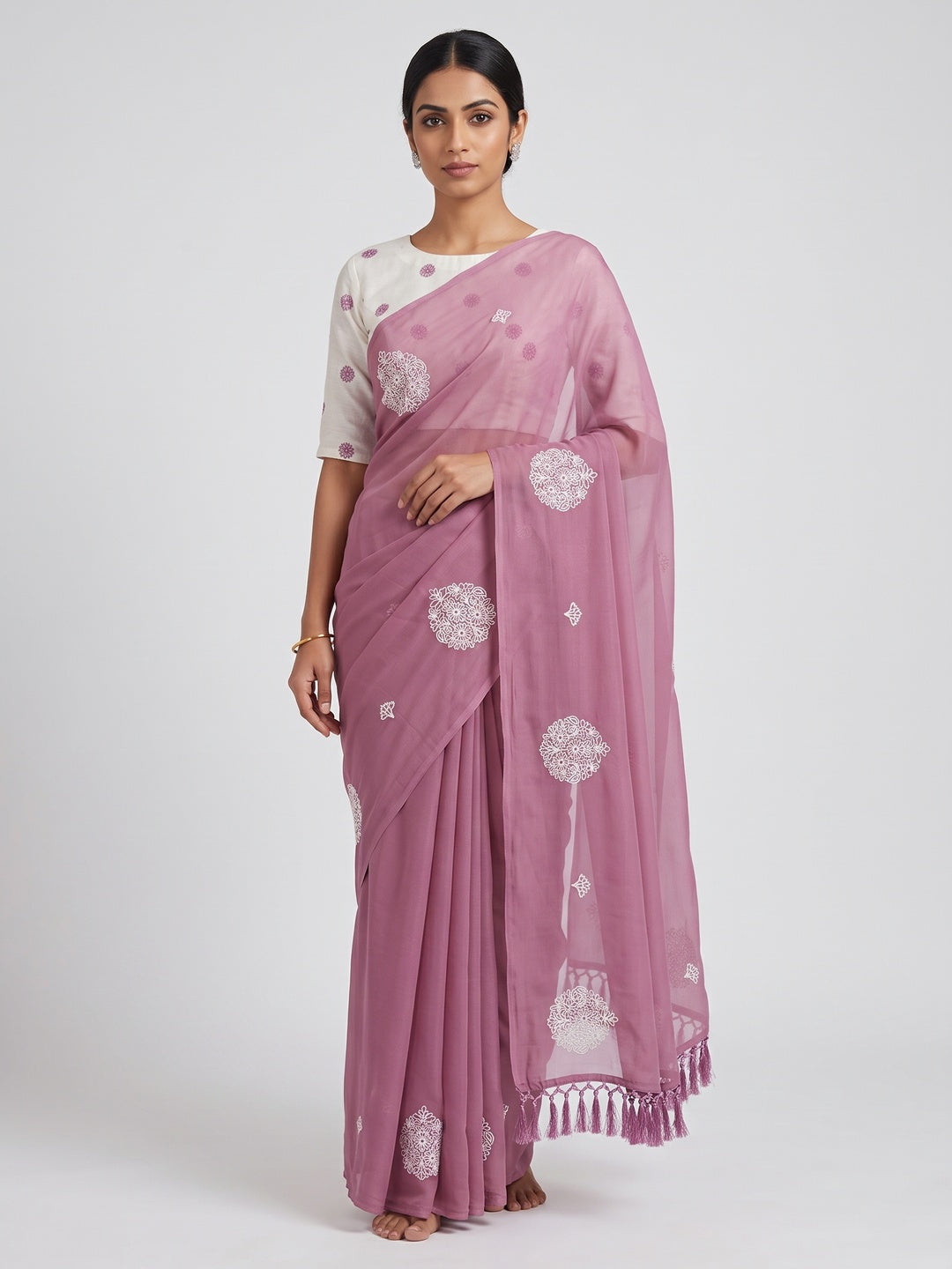 Pink Embroidered Chiffon Saree With Elegant Tassel Borders - Image 1