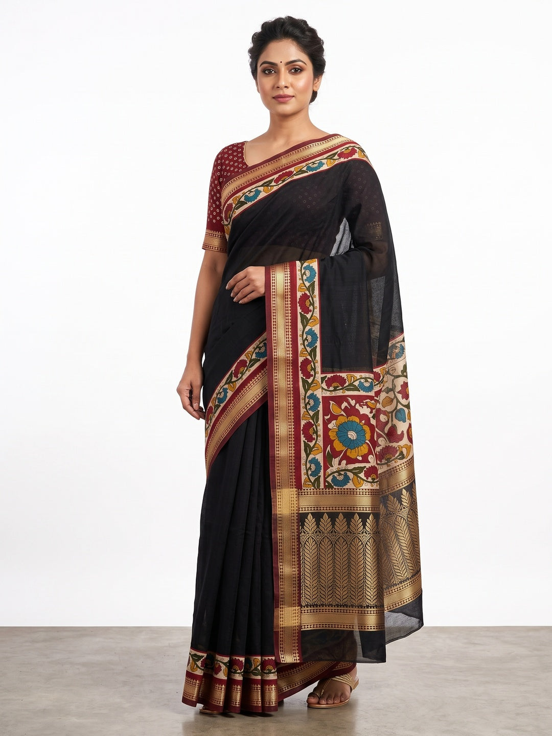 Black Soft Mul Cotton Saree with Kalamkari Pallu & Zari border - Image 1