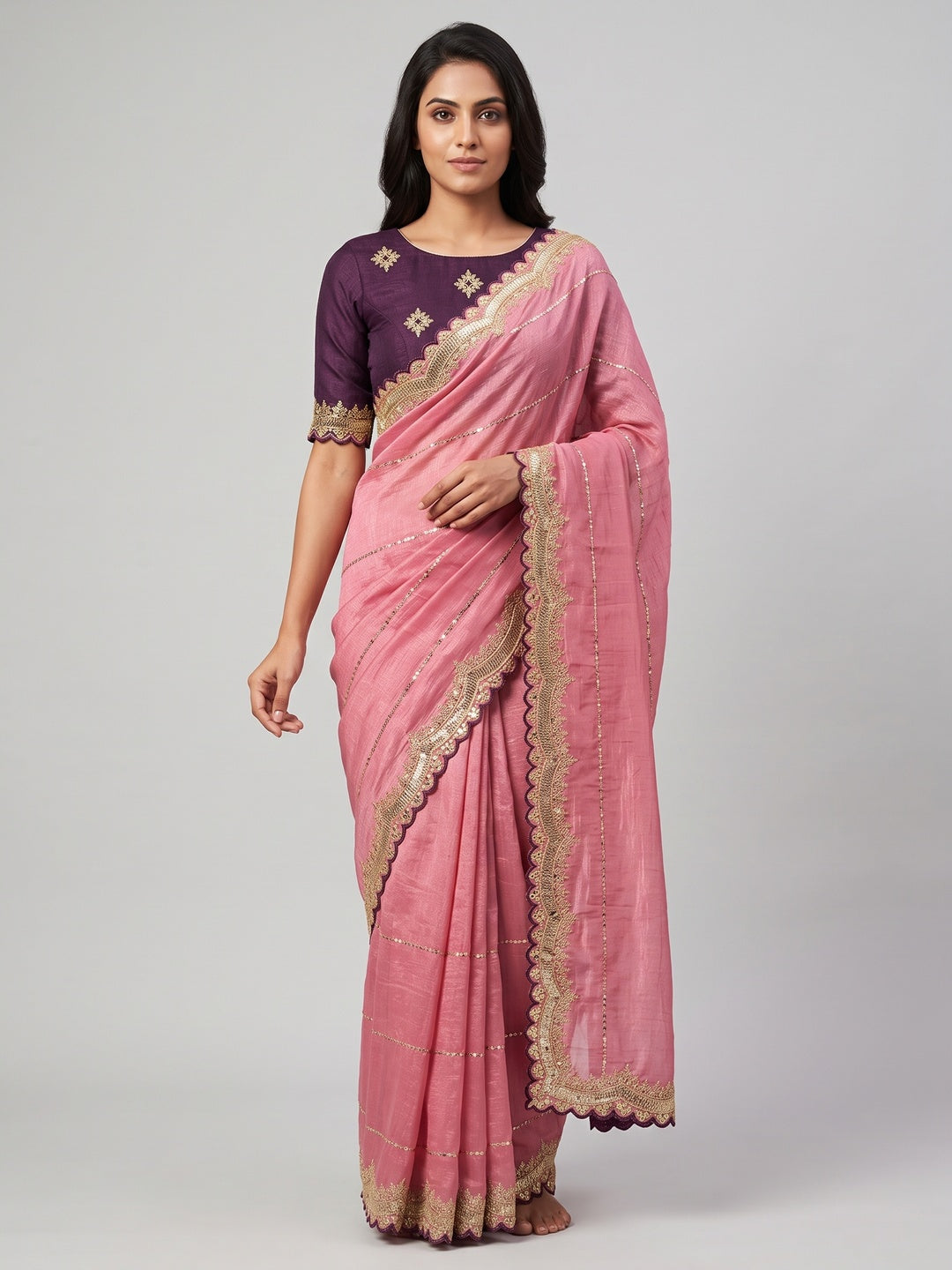 Gajari Pink Sequins Embroidered Tussar silk Saree - Image 1