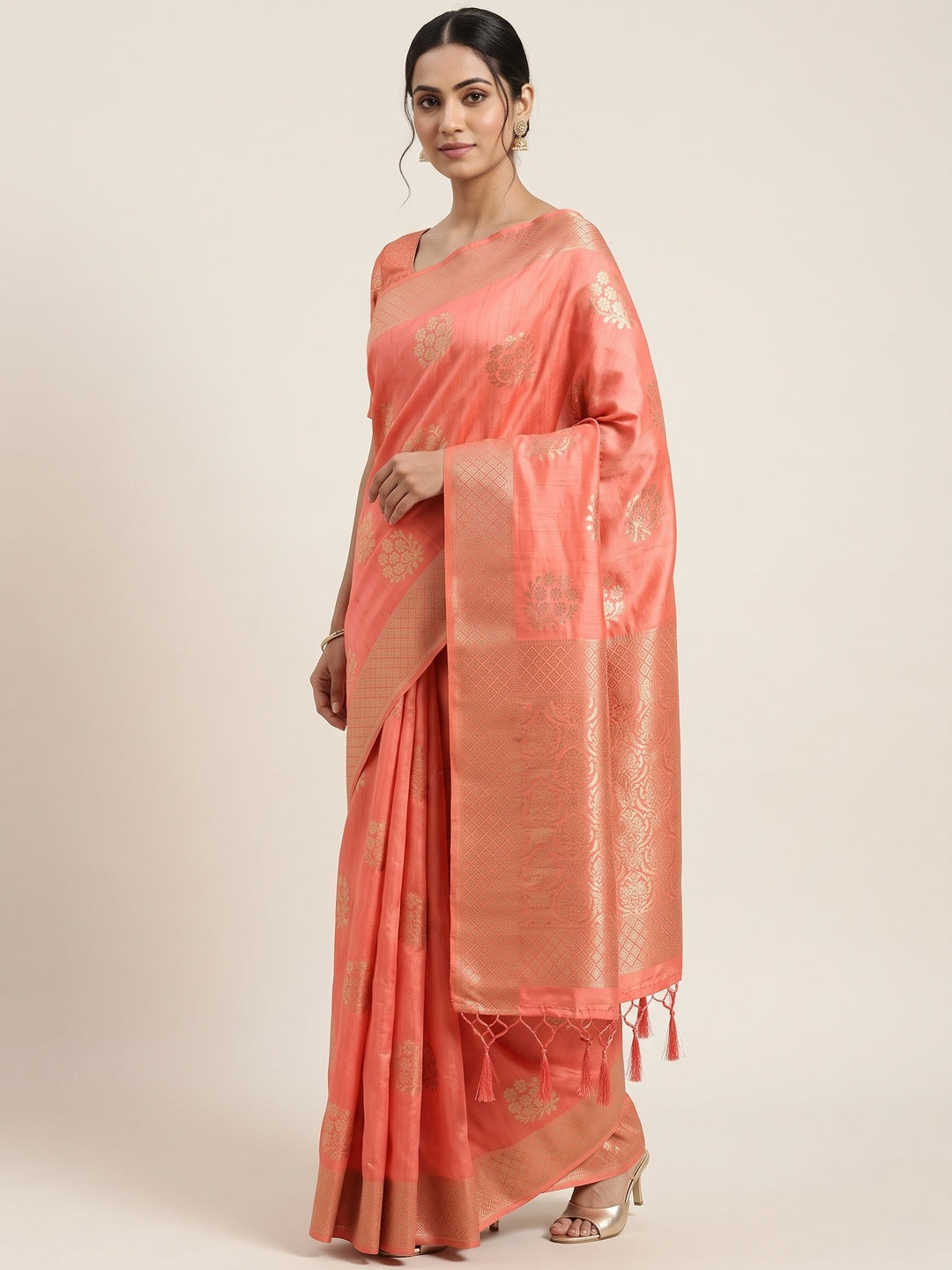 Coral Pink Floral Zari Woven Tusser Cotton Silk Saree With Stylish Tassel Pallu - Image 1