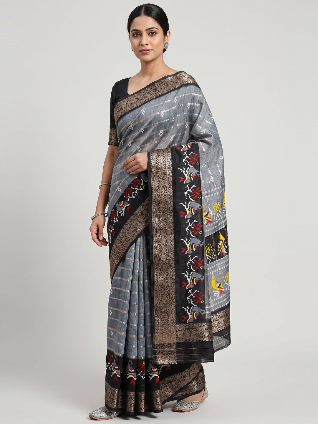Grey & Black Ikkat Printed Dola Silk Saree With Elegant Weaving Work - Image 1
