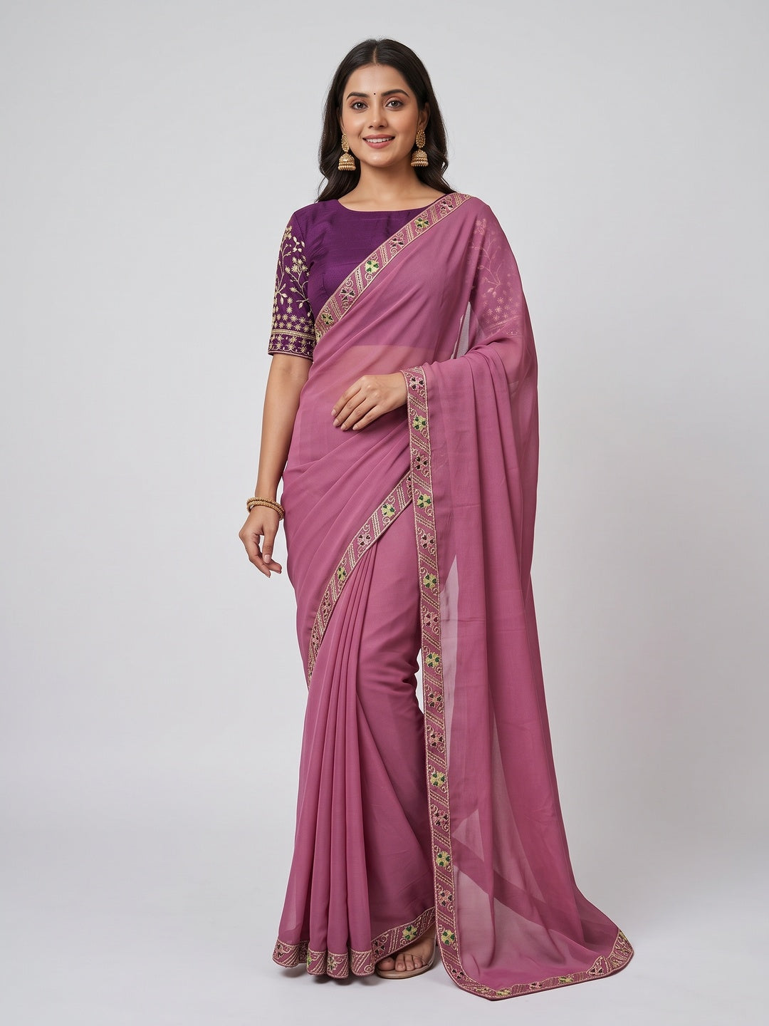 Timeless Onion Pink Solid Georgette Saree Finished With Graceful Floral Hand Embroidered Lace Border - Image 5