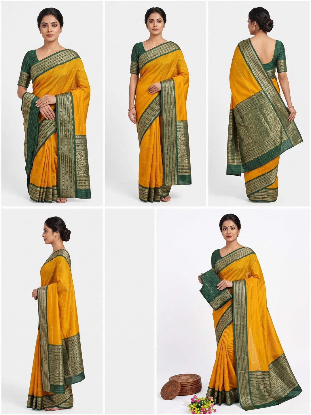 Mustard Jacquard Saree With Contemporary Striped Pattern Accented By Rich Zari Weaving - Image 1