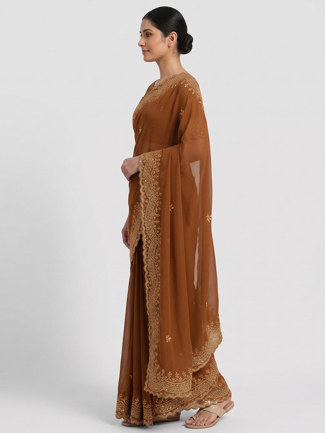 Brown Embroidered Star Georgette Saree Designed for Stylish Party Wear - Image 3