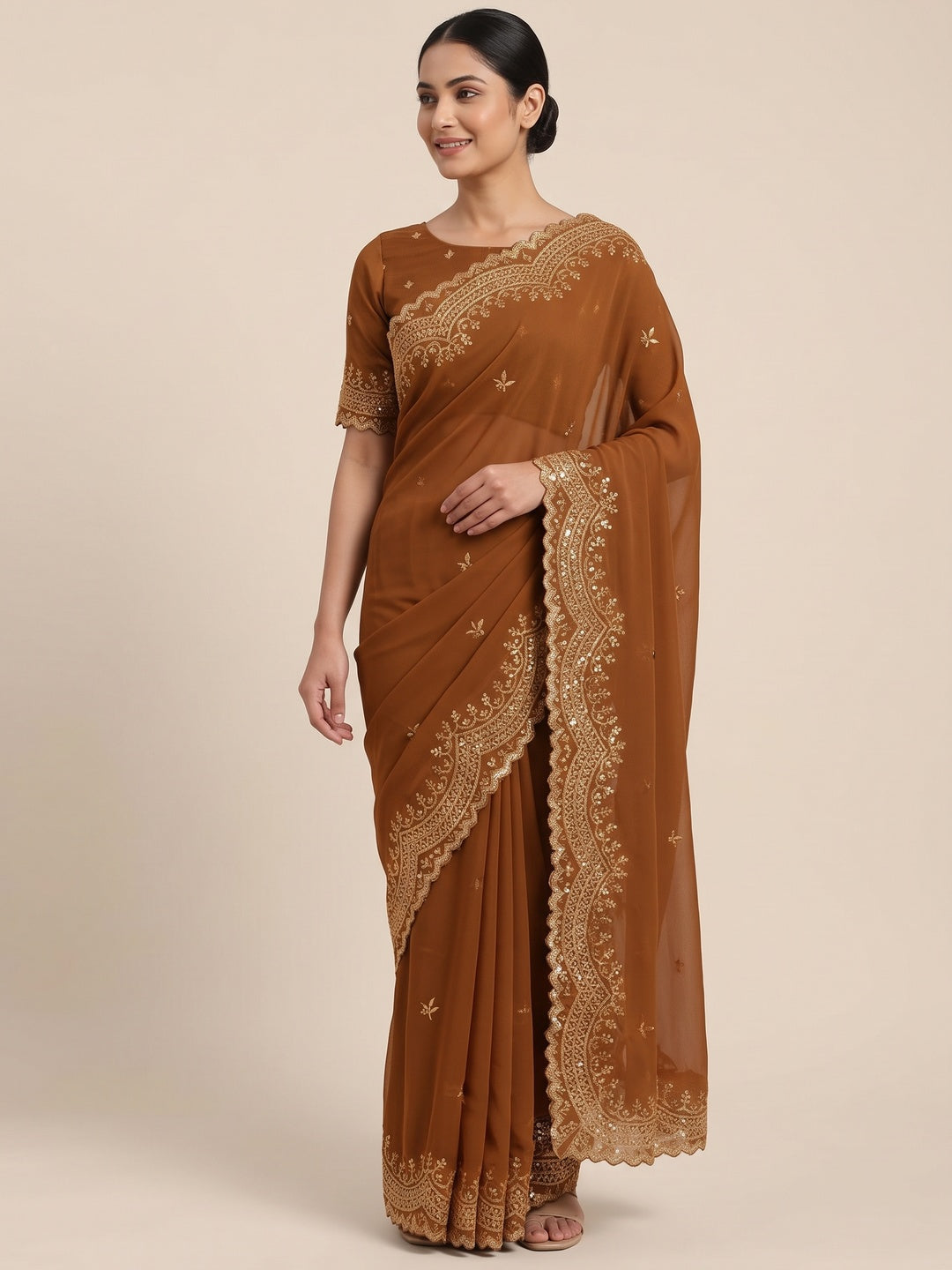 Brown Embroidered Star Georgette Saree Designed for Stylish Party Wear - Image 4