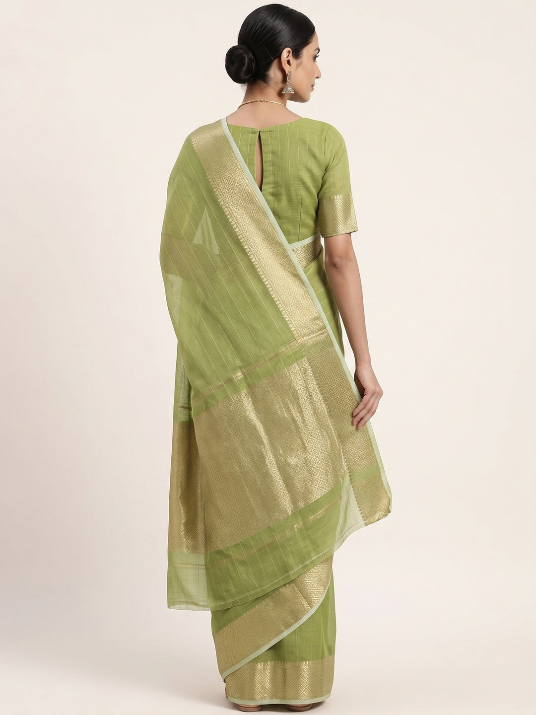 Subtle Solid Green Kota Doria Saree with Traditional Zari Weaving Edging - Image 2