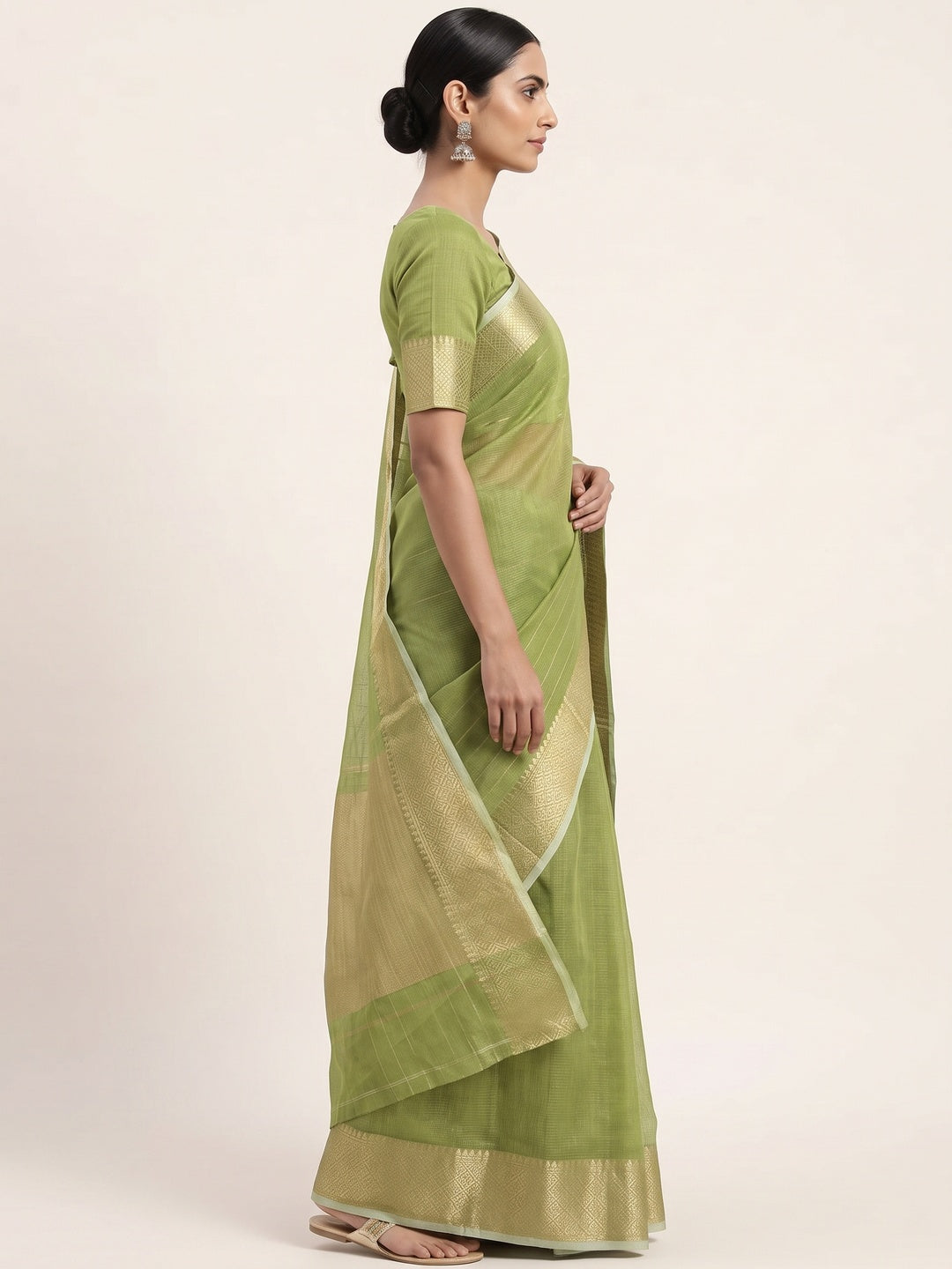 Subtle Solid Green Kota Doria Saree with Traditional Zari Weaving Edging - Image 3