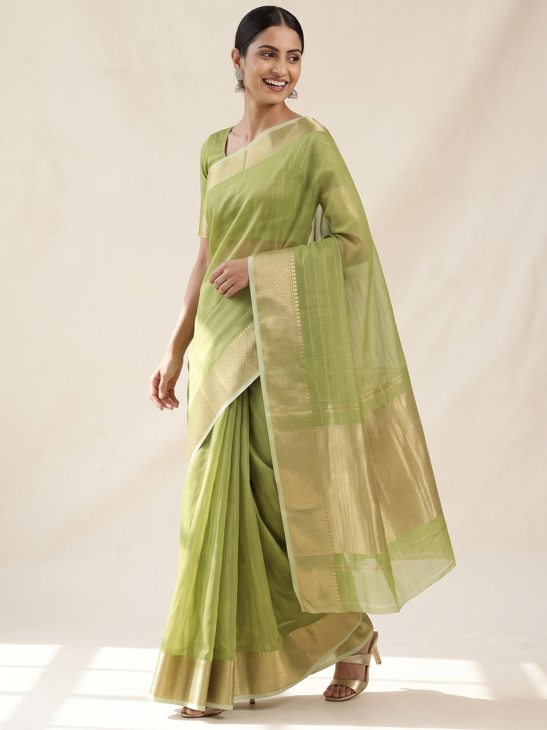 Subtle Solid Green Kota Doria Saree with Traditional Zari Weaving Edging - Image 4