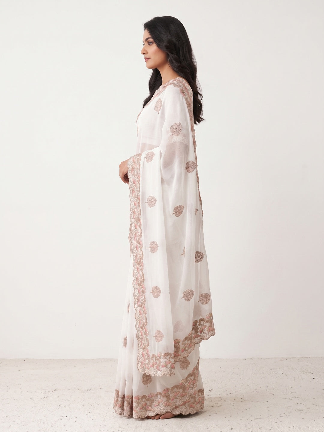 White Embroidered Thread Work Saree in Flowy Chiffon Silk - Image 3