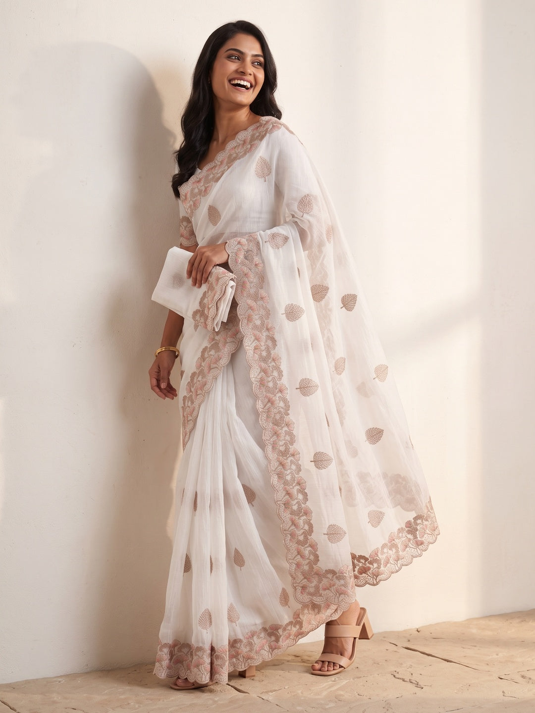 White Embroidered Thread Work Saree in Flowy Chiffon Silk - Image 4