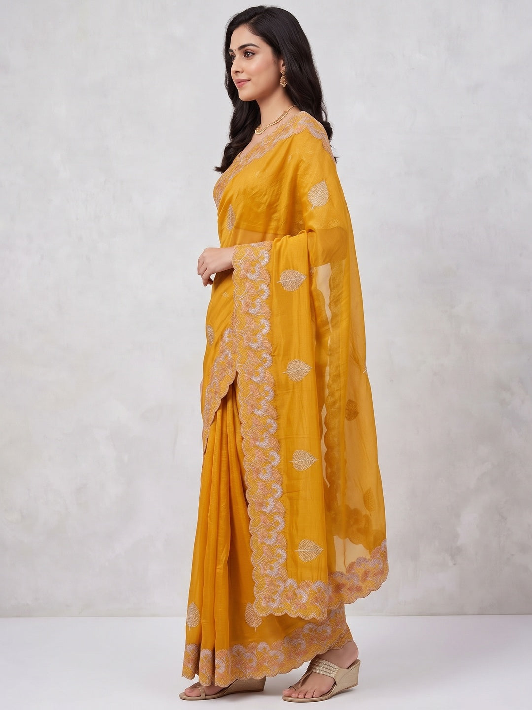 Mustard Embroidered Thread Work Saree in Flowy Chiffon Silk - Image 3